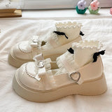 LOURDASPREC-Kawaii Lace Bowknot White Lolita Shoes Women  Heart Buckle Platform Mary Janes Woman Japanese Style Patent Leather Jk Shoes