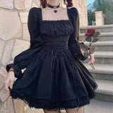 LOURDASPREC-Long Sleeves Lolita Black Dress Goth Aesthetic Puff Sleeve High Waist Vintage Bandage Lace Trim Party Gothic Clothes Dress Woman