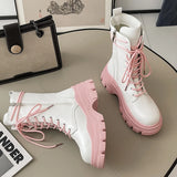 LOURDASPREC-Pink Chunky Platform Ankle Boots Women  Autumn Thick Bottom Pu Leather Boots Shoes Woman Mix Color Lace Up Motorcycle Botas