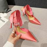 LOURDASPREC-New Luxury Women's Sandals Sexy High Heels Temperamental Pointed Satin Baotou Square Buckle Rhinestone Party Shoes Summer