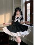 LOURDASPREC-Black Dress Women Bow Japanese Cute Lolita Dress Women Sweet lace Puff Sleeve Student Dresses Party Sailor Collar Kawaii Dress