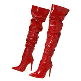 Lourdasprec Red Women Over The Knee Boots High Heels Patent Leather Solid Pointed Toe Stiletto Side Zipper Sapatos Femininos