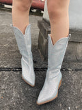 LOURDASPREC  Luxury Fashion Women's Western Mid-Calf Boots New 2023 Autumn Rhinestone Shiny Pointed Toe Zipper Sexy High Heels Designer