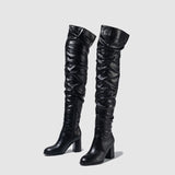 Lourdasprec Designer Pleated Over-the-knee Women Boots Winter High Heels Fashion Runway Round Toe Ladies Zipper Booties Shoes