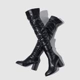 Lourdasprec Designer Pleated Over-the-knee Women Boots Winter High Heels Fashion Runway Round Toe Ladies Zipper Booties Shoes