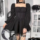 LOURDASPREC-Long Sleeves Lolita Black Dress Goth Aesthetic Puff Sleeve High Waist Vintage Bandage Lace Trim Party Gothic Clothes Dress Woman