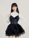 LOURDASPREC-Lace Kawaii Lolita Mini Dress Set Punk Harajuku Aesthetic Black Dresse Goth Kpop Clothes Korean Fashion Dress Fall Outfits Women