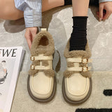 Lourdasprec British Style Small Leather Shoes, Female Students' New Japanese Vintage Plush Warm Cotton Shoes In Autumn and Winter 2023