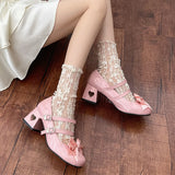 LOURDASPREC-Pink Mary Jane Lolita Shoes Women  Autumn Y2K Patent Leather Low Heels Pumps Woman Silk Bowtie Ankle Straps Party Shoes