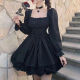 LOURDASPREC-Long Sleeves Lolita Black Dress Goth Aesthetic Puff Sleeve High Waist Vintage Bandage Lace Trim Party Gothic Clothes Dress Woman