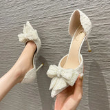 LOURDASPREC-Luxury Pearl Crystal Bowtie White Wedding Shoes Women 2024 Spring Brand Designer High Heels Pumps Woman Thin Heeled Party Shoes