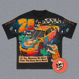 Lourdasprec-2024 New American Street Retro Personality Anime Cartoon Car Letter Printed T-shirt Men Y2k Harajuku Fashion Casual Loose Shirt