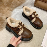 Lourdasprec British Style Small Leather Shoes, Female Students' New Japanese Vintage Plush Warm Cotton Shoes In Autumn and Winter 2023