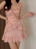 Lourdasprec   Y2k Fairycore Pink Mini Dress Women Korean Style Kawaii Cute Ruffles Bandage Layered Bodycone Sleeveless Lolita Dresses