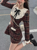 Lourdasprec   Korean Preppy Style Mini Plaid Dress Women Vintage One Piece Dresses Y2k Jk Uniform Long Sleeve Tunic Princess Vestidos