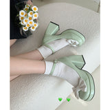 Lourdasprec Thick heels, high heels, women's spring and autumn 2023 new French Marijane shoes with bow  wedding shoes bride