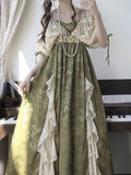 LOURDASPREC-Summer Fairy Green Evening Dress Vintage Elegant V Neck Floral Lace Ruffles Midi Dress A Line Fluffy Sleeve Prom Party Gown