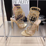 LOURDASPREC-Luxurious Sexy Rhinestones String Bead Wrapped Womens Sandals Peep Toe Ladies Thin High Heels Gladiator Club Banquet Shoe