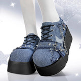 LOURDASPREC-Y2K Star Print Chunky Platform Ankle Boots Women  New Metal Chain Blue Denim Boots Woman Cute Thick Bottom Jk Lolita Shoes