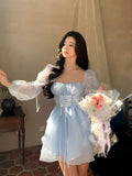 LOURDASPREC-Sweet Kawaii Mini Dress Vintage Korean Elegant Fashion Party Dress Women Fairy Princess Puff Sleeve Chic Summer Prom Dress