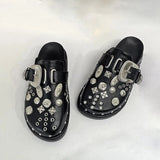 LOURDASPREC-Graduation Gift Summer Women Slippers Platform Rivets Punk Rock Leather Mules Creative Metal Fittings Casual Party Shoes Female Outdoor Slides