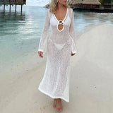 LOURDASPREC Women Crochet Cover Up Long Dress Long Sleeve Backless Hollow Out Maxi Dress See Through Beach Bikini Swimsuit Dress