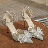 LOURDASPREC-Elegant Silver High Heels Pumps Women  Autumn Plus Size 42 Ankle Straps Party Shoes Woman Pointed Toe Bowtie Wedding Shoes