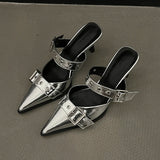 LOURDASPREC-Punk Goth Metal Buckle High Heels Sandals Women  Summer Pointed Toe Silver Party Shoes Woman Korean Style Thin Heels Sandals
