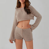 LOURDASPREC Women Boho Knit Summer Swimsuit Cover-Up Outfits See-through Ripped Long Sleeve Crop Pullovers+Drawstring Shorts Set