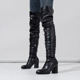 Lourdasprec Designer Pleated Over-the-knee Women Boots Winter High Heels Fashion Runway Round Toe Ladies Zipper Booties Shoes