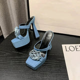 LOURDASPREC-2024 New Denim Blue Crystal Rose Flower Women Slippers Summer Design Chic Peep Toe 14cm Square Heels Gladiator Sandals Shoe