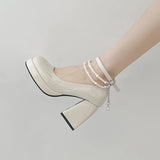 LOURDASPREC-Y2K Chunky Platform High Heels Pumps Women  Summer Patent Leather Black White Lolita Shoes Woman Pearl Ankle Straps Pumps