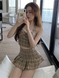 LOURDASPREC-Plaid suit women camisole + short skirt two-piece sets summer new temperament vintage lace patchwork sleeveless suit trend