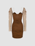 LOURDASPREC-Vacation Outfits Ins Style Brown Mesh Ruched Summer Bodycon Cami Dress For