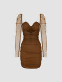 LOURDASPREC-Vacation Outfits Ins Style Brown Mesh Ruched Summer Bodycon Cami Dress For