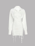 LOURDASPREC-Vacation Outfits Ins Style Tie Ruched Lapel Summer White Blouse Short Dress