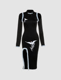 LOURDASPREC-Vacation Outfits Ins Style Black Vintage Crane Print Long Sleeve Cutout Dress