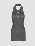 LOURDASPREC-Vacation Outfits Ins Style Gray Halter Cut Out Knit Dress