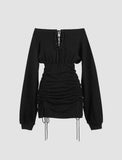 LOURDASPREC-Vacation Outfits Ins Style Black Off-The-Shoulder Drawstring Ruched Dress For