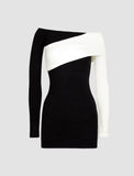 LOURDASPREC-Vacation Outfits Ins Style Black&White Stitching Off-the-shoulder Knitted Dress