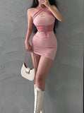 LOURDASPREC-Vacation Outfits Ins Style Cross Halter Lace-up Party Bodycon Mini Pink Dress