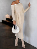 LOURDASPREC-Vacation Outfits Ins Style Slim Beige Long Sleeve Knit Dress