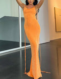 LOURDASPREC-Vacation Outfits Ins Style Orange   Slim Dress with Backless Sling Hanging Neck