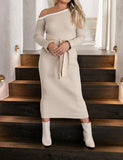 LOURDASPREC-Vacation Outfits Ins Style Slim Beige Long Sleeve Knit Dress