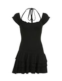 LOURDASPREC-Vacation Outfits Ins Style Ballet Halter Neck Tiered Summer Party Little Black Dress