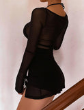 LOURDASPREC-Vacation Outfits Ins Style Mesh See-through Slit Hem Black Dress