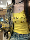 LOURDASPREC-Hong Kong Style Suit Yellow Vintage Plaid Shirt Letter Print Camisole Women's Summer Denim Shorts Three-piece Set