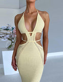 LOURDASPREC-Vacation Outfits Ins Style Halter Neck Wrapped Chest Hollow Panel Lace Crochet Dress