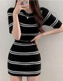 LOURDASPREC-Vacation Outfits Ins Style Contrast Striped Knit Wrap Hip Dress