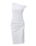LOURDASPREC-Vacation Outfits Ins Style Drawstring Slit One Shoulder Slim Midi Dress